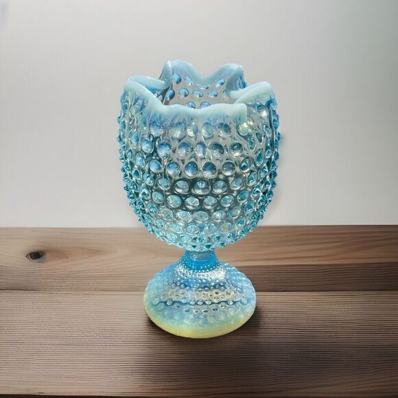 EUC Duncan Miller Blue Opalescent Glass Footed Hobnail Vase Ruffle Crimped - Picture 2 of 16